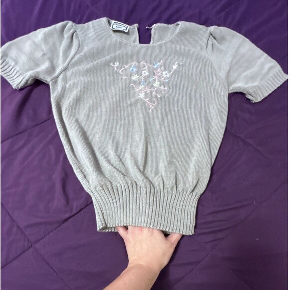 Women's Vintage 80s Bellocco Embroidered Floral Cottagecore Puff Sleeve Sweater - Picture 4 of 9